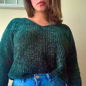 Emerald Green Velvet V-Neck Sweater
